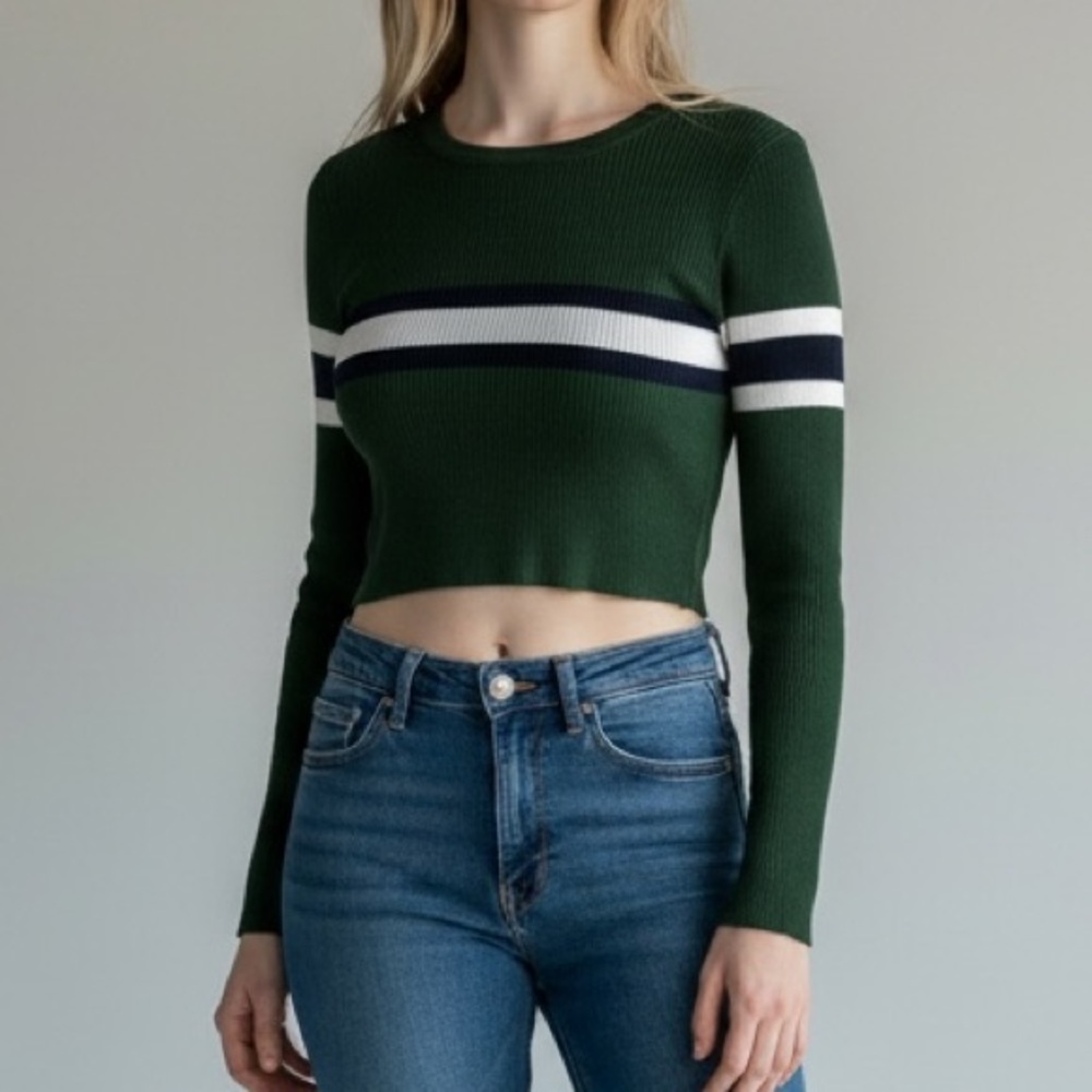 Green Striped Long Sleeve Crop Top